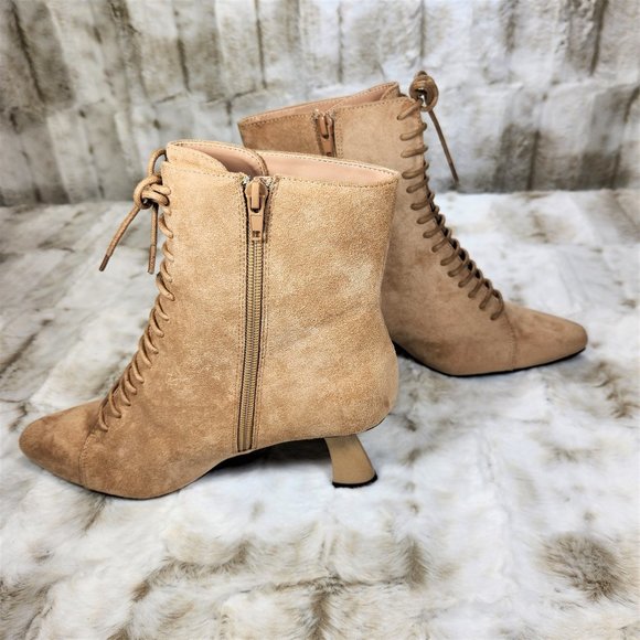 ☆ Adorable Nude Suede 2" Gold Chunky Heel Ankle Bootie - Picture 3 of 7